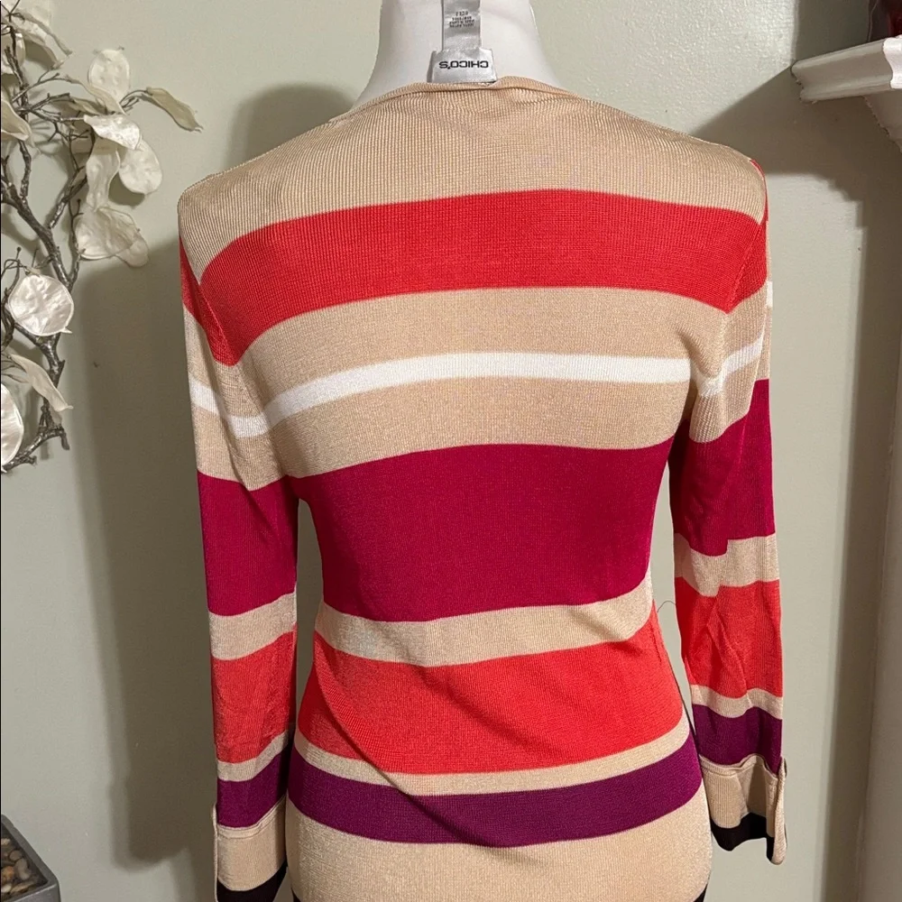 Chico's Red Tan Purple Striped V Neck Sweater Size 2